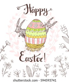 Hand drawn vector happy easter greeting card with big decorated egg and cute bunnies look out for egg in the flowers. White background. Handwritten text.
