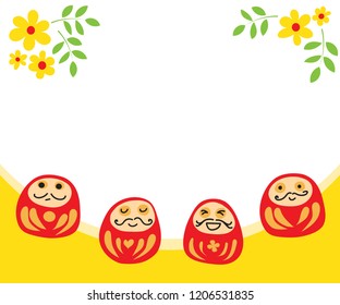 hand drawn vector happy four daruma with yellow flower on white 