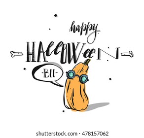 Hand drawn vector Happy Halloween greeting card Calligraphy. Halloween banner or poster with cute pumpkin character isolated on white background.