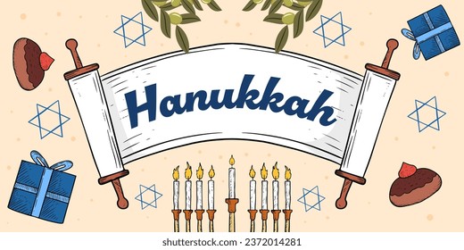 hand drawn vector happy hanukkah horizontal banner illustration