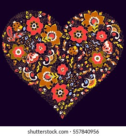Hand drawn vector heart with blooming elements. Cute composition with flowers. Romantic design. Greeting card for Valentine's day. Postcard for lovers. Doodle style.