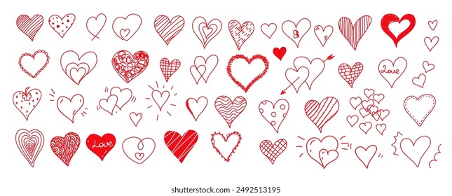 Hand drawn vector heart collection with an editable stroke, easy to use. All the elements are groupped. Romantic symbol of love