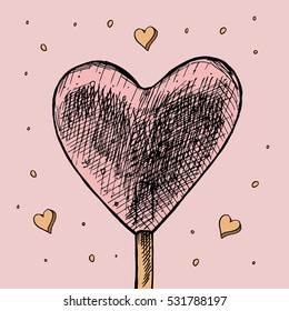 Hand drawn vector heart lollipop. Perfect for creating cards, posters, banners and other Valentine's Day stuff.