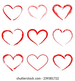 Hand drawn vector heart set with different tools like brushes, chalk, ink.