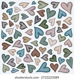 Hand drawn vector heart set with soft beige brown blue green and gray pink tones inspired by winter forest mood, ideal for cozy branding stickers packaging stationery and calm modern designs