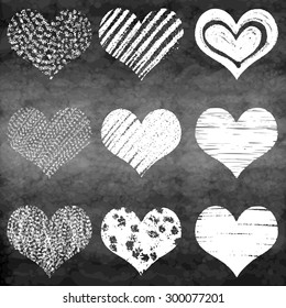 Hand drawn vector heart set with different tools like brushes, chalk, ink. Chalk board.