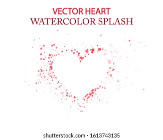 Hand drawn vector heart shape surrounded by red random drops of red watercolor isolated on white. White silhouette of a heart on a background of grunge red splashes