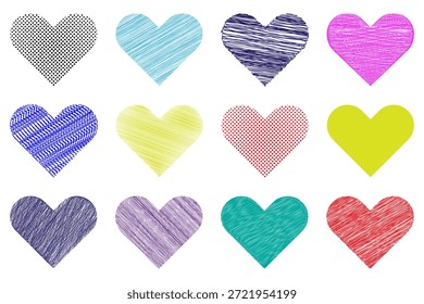Vetor desenhado à mão formas de coração Coleção Valentines Day ícones Conjunto com linhas de doodle pontos e textura de rabisco no fundo branco