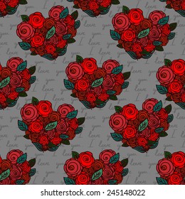 Hand drawn vector heart template. Vector holiday Saint Valentine background with hearts and flowers. Doodling. Seamless pattern