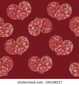 Hand drawn vector heart template. Vector holiday Saint Valentine background with hearts and flowers. Doodling. Seamless pattern