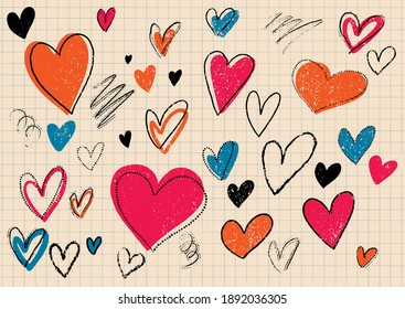 Hand drawn vector hearts illustration. Midcentury graphic style clipart. Retro hearts set. Mid century graphic inky hearts. Engraving linocut style hearts.