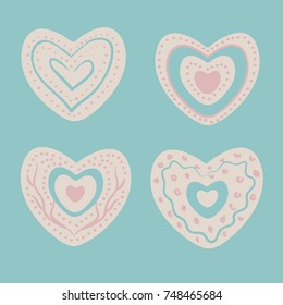 hand drawn vector hearts isolated on mint blue background.