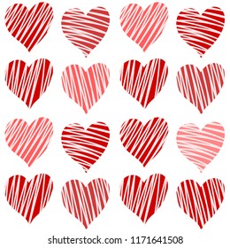 Hand drawn vector hearts. Seamless valentine texture. Red on white. Isolated doodle hearts.