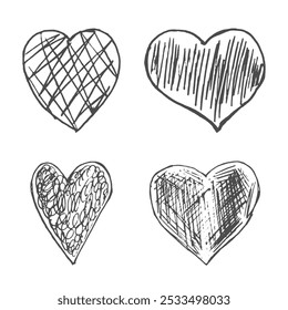 Handgezeichnete Vektorherzen mit Schraffur. Stift doodle Herzen Freihand Linie Striche Kreide Kritzel graue Linie Skizze grunge handgefertigte Vektorgrafik abstrakte Texturen.  Skizze Freihandlinienzeichnung . EPS 10