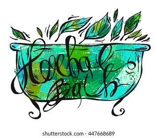 Hand drawn vector herbal bath illustration .Herbal labels for hand cream, relaxation oil and bath foam box.Natural organic cosmetics.Design for natural and organic cosmetics, health care products.
