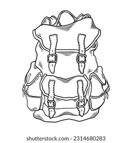 Hand drawn vector hiking bag isolated on white background. Camping backpack, travel luggage sketch. Travel knapsack. Camp hike bag. Wanderlust concept vintage vector illustration