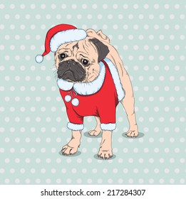 Hand drawn vector hipster dog.  French bulldog breed in the red hat of Santa Claus