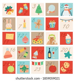 Hand Drawn Vector Holiday Advent Calendar. Christmas Poster with Festive Characters and Celebrate  Elements in Flat,Cartoon style.Scandinavian Set.