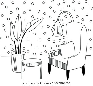 Hand drawn vector home interior sketch with armchairs, flower in a pot and lamp. Colored illustration