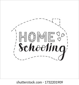 Hand drawn vector Home Schooling calligraphy lettering text and house icon with hearts. For online studying at home and e-learning.