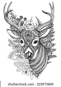 Hand drawn vector horned deer with high details ornament, flowers and herbs on white background.