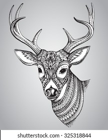 Hand drawn vector horned deer with  high details ornament isolated on white background, illustration in zentangle style. 