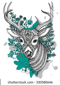 Hand drawn vector horned deer with high details ornament, flowers and herbs on white background. Black, white and mint colors