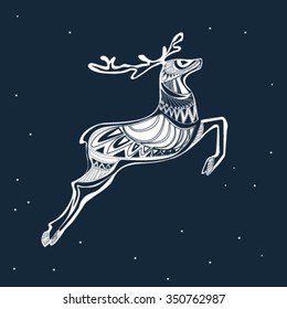 Hand drawn vector horned deer with high details ornament.  Vector monochrome sketch. White and blue colors.