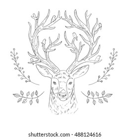 Hand drawn vector horned deer with birds isolated on white background