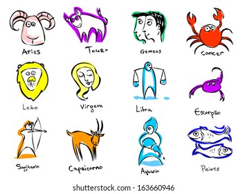 Hand drawn vector horoscope signs with titles in Portuguese