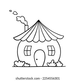 Casa vectorial dibujada a mano con chimenea. Pequeño edificio rural aislado en blanco. Ilustración de Doodle