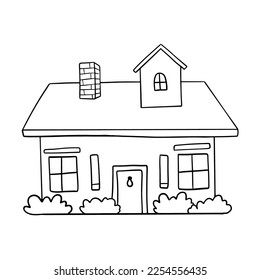 Hand drawn vector house with chimney. Cute rural building isolated on white. Doodle illustration