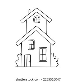 Hand drawn vector house. Cute rural building isolated on white. Doodle illustration for coloring page