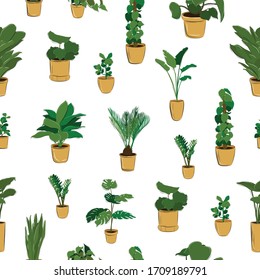 Hand drawn vector house plant.  Plant in pot. 
Seamless pattern flowers in pots. Design for wallpaper, 
fabric, textile, paper