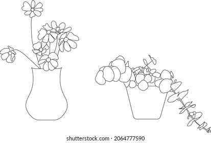 Hand drawn vector house plants sketch. 
Flowers in vase and eucalyptus house floral decoration.