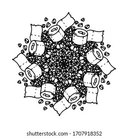 Hand drawn vector humorous anti deficit mandala of toilet paper and buckwheat. Perfect for anti stress coloring page, card, pattern, textile print, tattoo template.