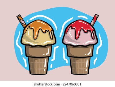 Hand drawn vector Ice Cream, american scoop ball ice creams in waffle cones, icon set of vibrant kids soft ice creams in a isolated background