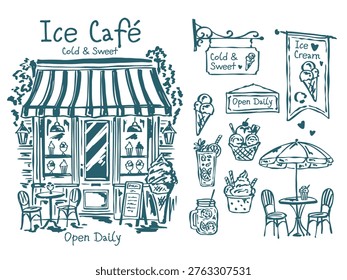 Hand drawn vector ice cream cafe sketch set with storefront facade, signage, outdoor tables and chairs, ice cream and cold drinks. Vintage doodle line art collection for bistro and small business