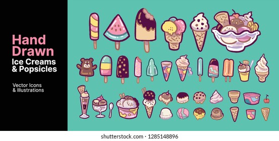 Hand drawn vector Ice Creams and Popsicles Icons Set & Illustrations