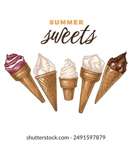 Hand drawn vector ice creams in cones. Yummy frosty summer dessert with vanilla, chocolate, fruit flavors and chocolate and caramel crunchy frosting. Easy to edit and use vector food assets. 