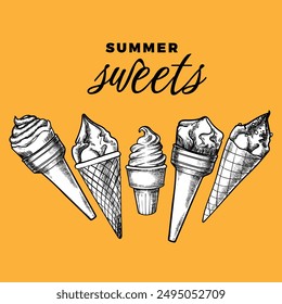 Hand drawn vector ice creams in cones. Yummy frosty summer dessert with vanilla, chocolate, fruit flavors and chocolate and caramel crunchy frosting. Easy to edit and use vector food assets. 