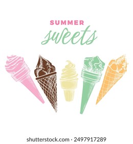 Hand drawn vector ice creams in cones. Yummy frosty summer desserts. Easy to edit and use vector food assets. Each vector is one united shape.