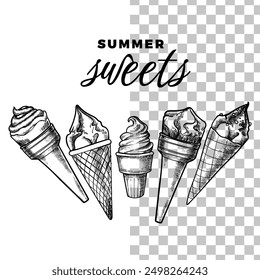 Hand drawn vector ice creams in cones. Yummy frosty summer dessert with black outline, no fill, and fine details. Easy to edit and use vector food assets. 