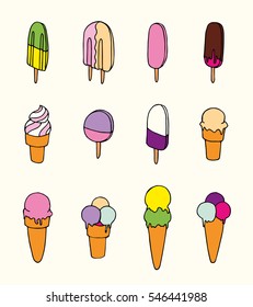 Hand drawn vector ice creams set, cones and popsicle. Simple illustration, cafe desserts.