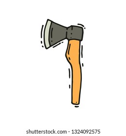 Hand drawn vector icon of axe. Camping equipment. Tool for chopping wood. Outdoor camp, tourism