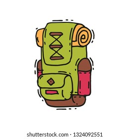 Hand drawn vector icon of big green backpack with rolled tourist mat. Hiking bag for adventurer. Camping theme