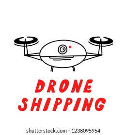 Hand drawn vector icon with bold lettering for courier service and delivery banners, web and design. Outline style  express delivery icon with drone isolated on white - Drone shipping.