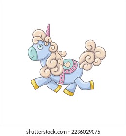 Hand drawn vector icon fairy pony unicorn with curly mane. Funny sticker for kids in pastel colors