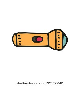 Hand drawn vector icon of orange camping flashlight. Tourist equipment. Graphic element in doodle style
