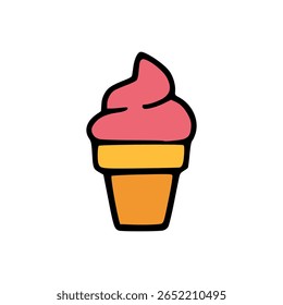 Hand drawn vector icon of pink soft serve ice cream in waffle cone with bold outline style